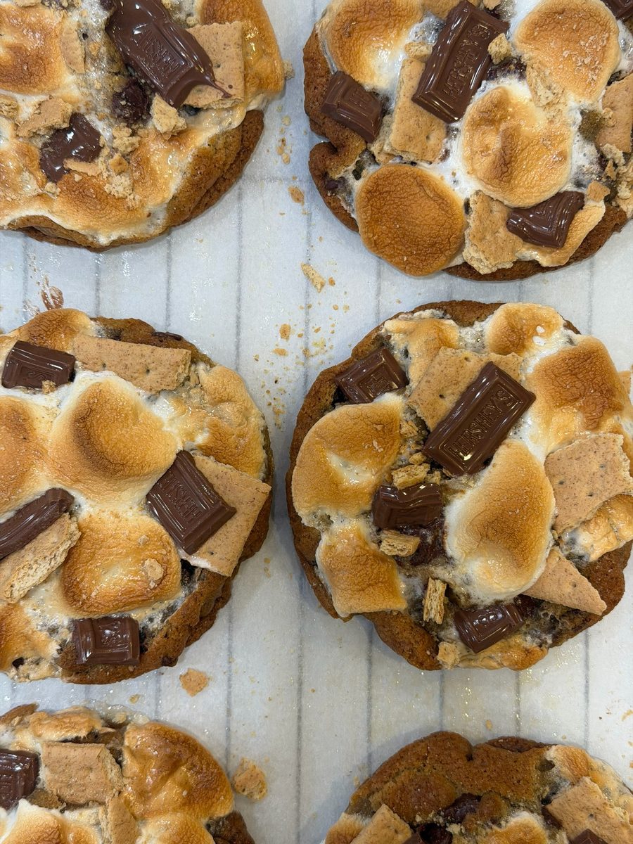 Close-up of s'mores cookies with toasted marshmallow and chocolate